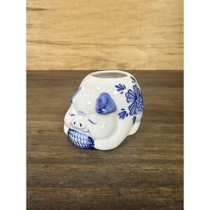 Vintage Delft Blue Ceramic Holland Hand Painted Piggy Toothpick Holder